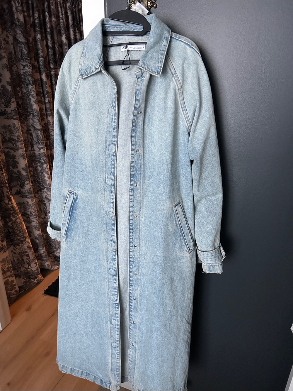 Long Light Zara Wash Denim Coat Jacket Duster- Women's Light Blue